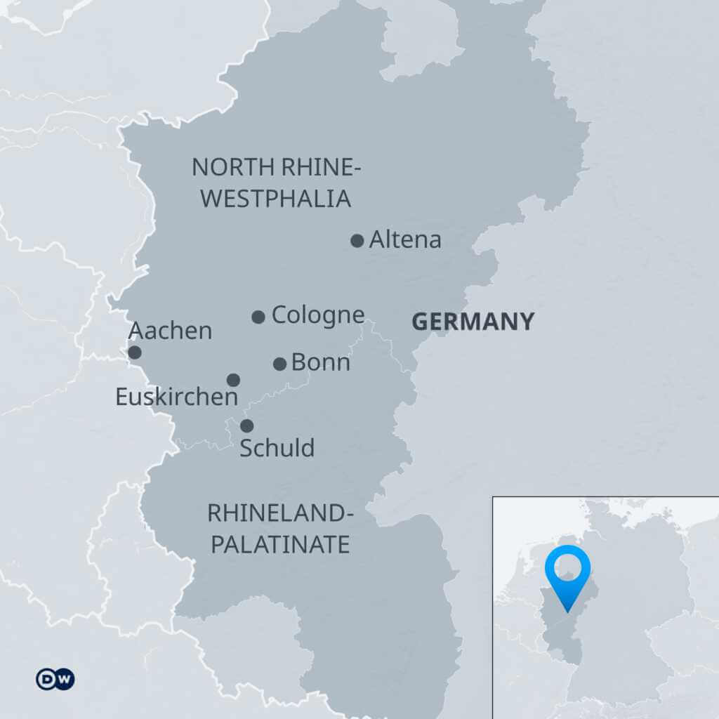 An infographic showing the areas most affected by the floods, in North Rhine-Westphalia and Rhineland-Palatinate.