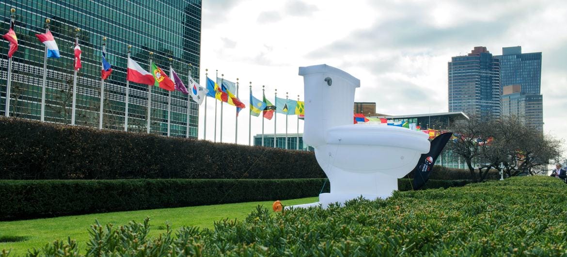 A giant inflatable toilet sits on the front lawn of the UN Headquarters in commemoration of World Toilet Day.