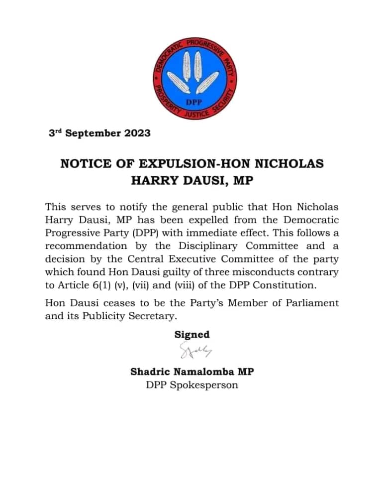 Malawi Political News: DPP Expels Nicholas Dausi