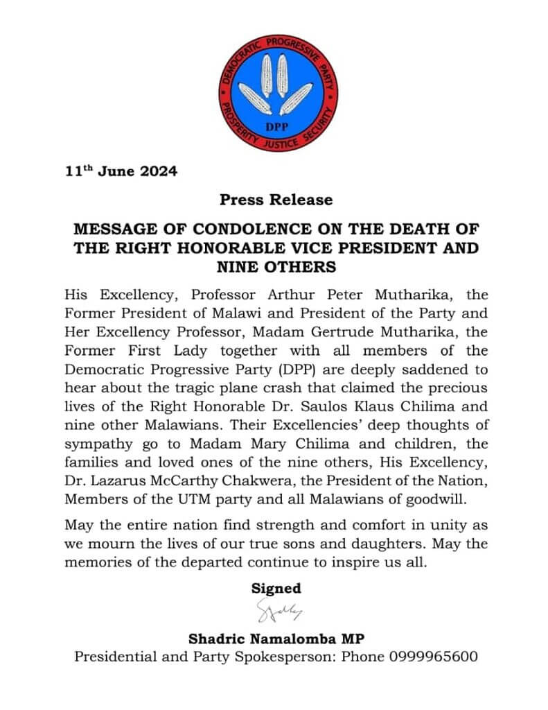 DPP message on the death of Saulos Chilima
