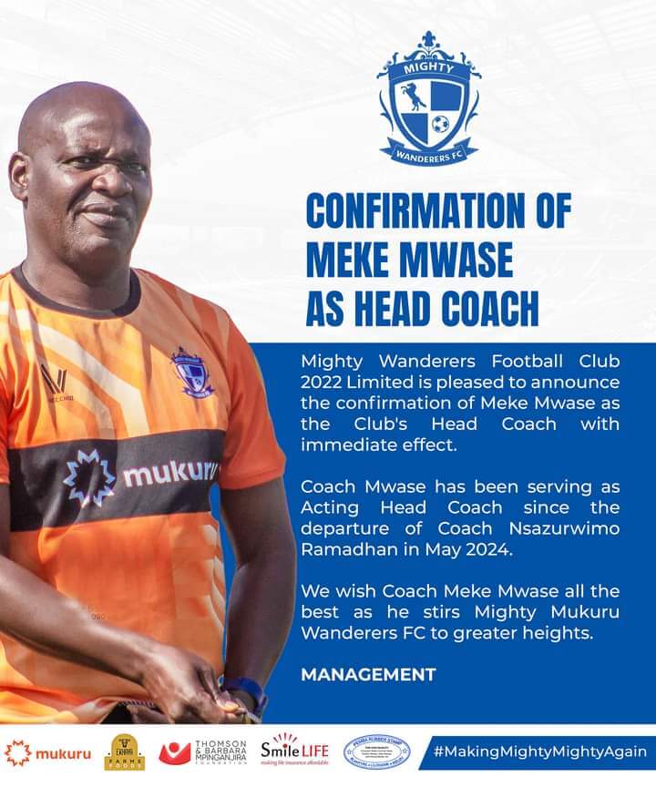 Mighty Wanderers Appoint Meke Mwase as Substantive Head Coach