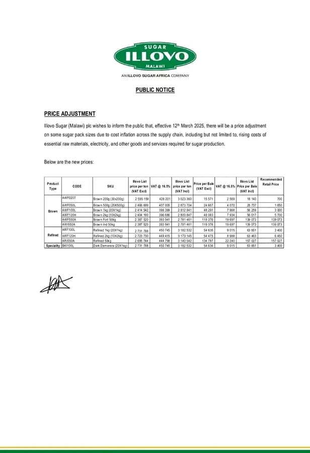 Illovo Sugar announces price adjustment