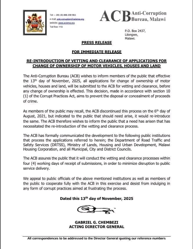 Malawi’s graft agency orders vetting vehicles clearance, house ownership transfers