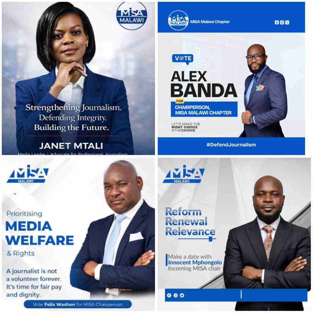 2026 MISA Malawi chairship contestants: Janet Mtali, Alex Banda, Felix Washon and Innocent Mphongolo